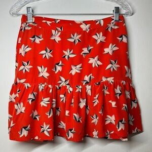 Joie 100% Silk Red Cream Grey Black Floral Mini Ruffle Hem Lightweight Skirt XS